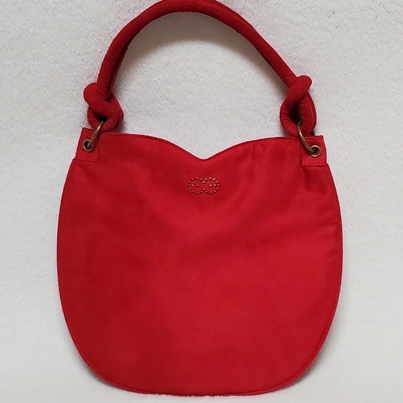 Vintage Escada Red Velvet Bronze Logo Sweetheart Knotted Strap Handbag - Picture 1 of 13